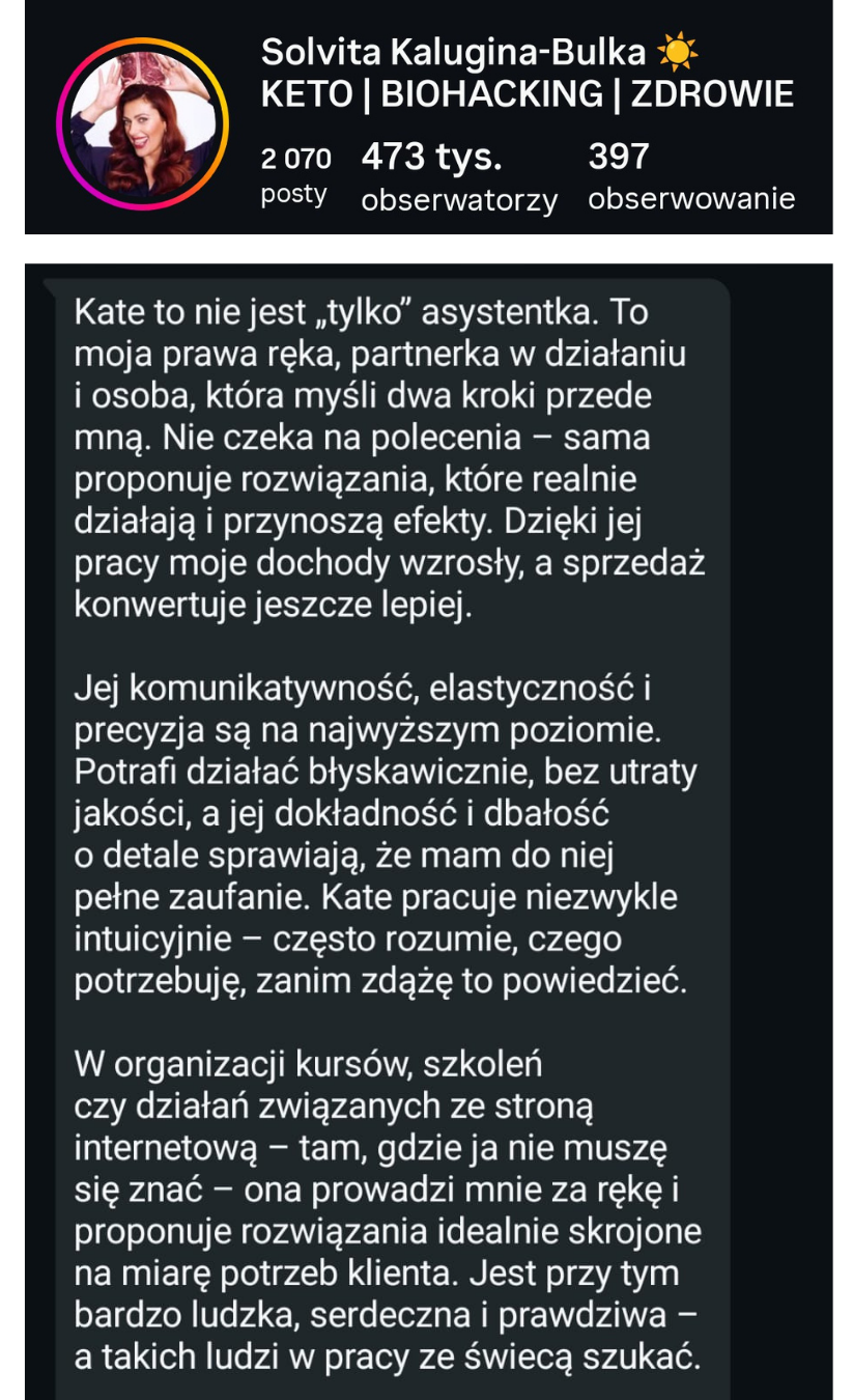 Opinia klientki Solvita — Ketobułka i Glowness o współpracy z Virtual Vibes