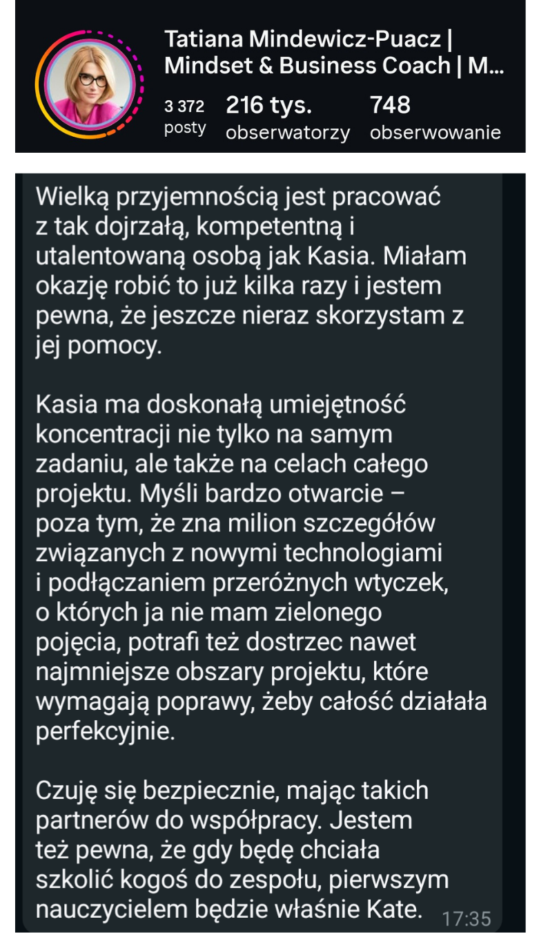 Opinia klientki Tatiany Mindewicz-Puacz o współpracy z Virtual Vibes